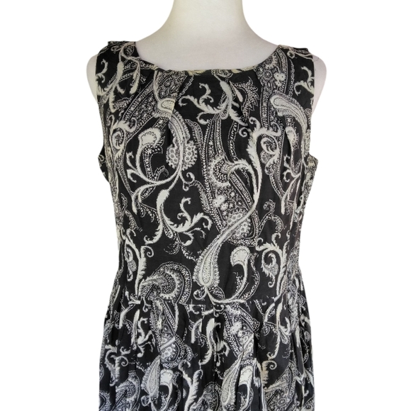 Talbot's Black & Cream Paisley Print Cotton Silk Fit & Flare Dress Size 4 - Picture 2 of 8